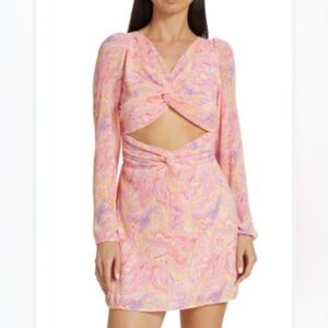 LoveShackFancy Pink and White Ruched Tie Front Bodycon Dress